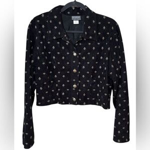 Vintage Roughrider Fringe Cropped Jacket Folk Floral Western Black Cream M USA